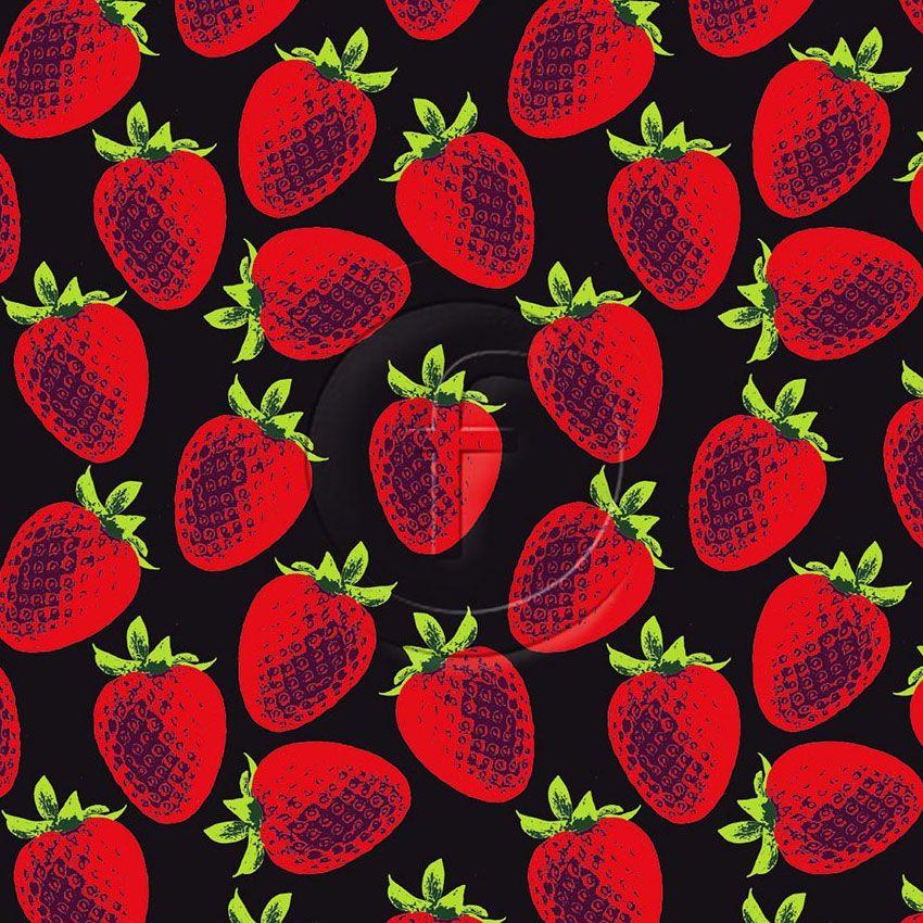 Strawberry Pop, Cartoon, Tropical Printed Stretch Fabric: Black/Red
