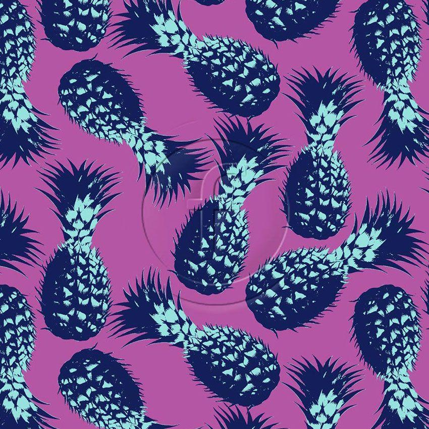 Pineapple Pop, Cartoon, Tropical Printed Stretch Fabric: Purple
