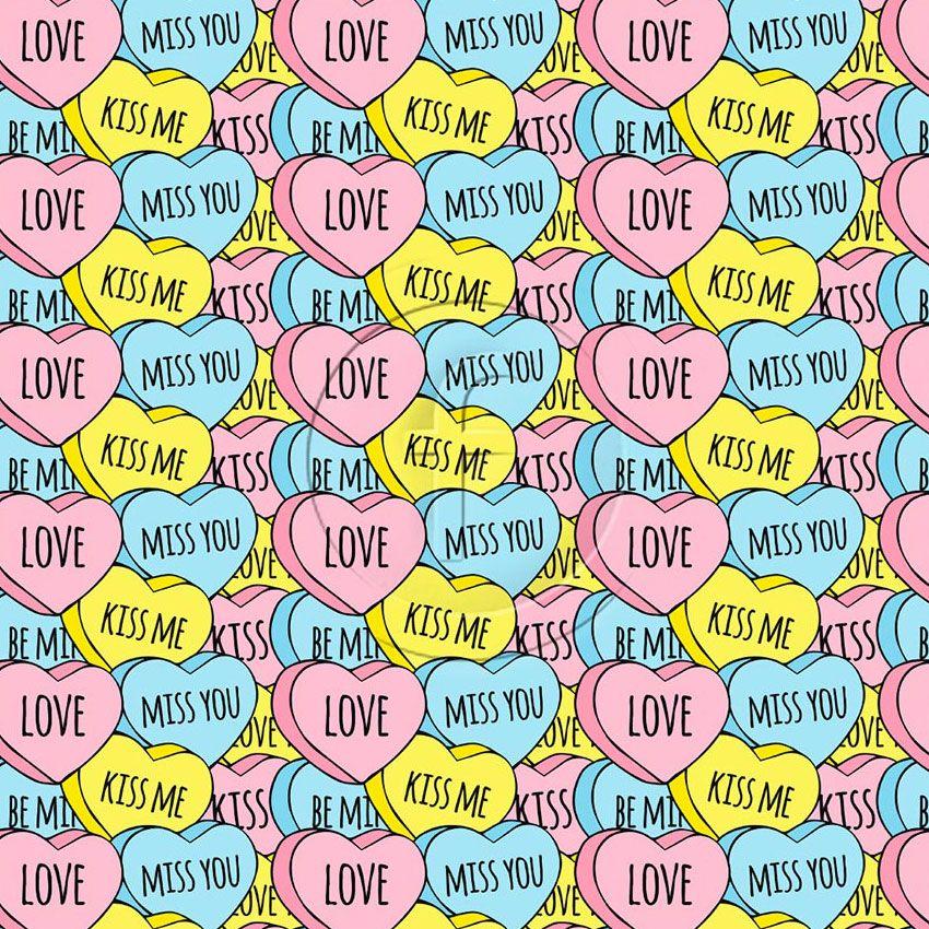 Lovehearts, Cartoon Printed Stretch Fabric: Blue/Pastel/Pink