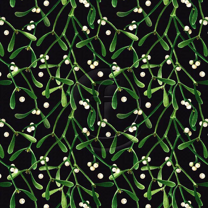 Mistletoe, Abstract, Christmas Printed Stretch Fabric: Black/Green