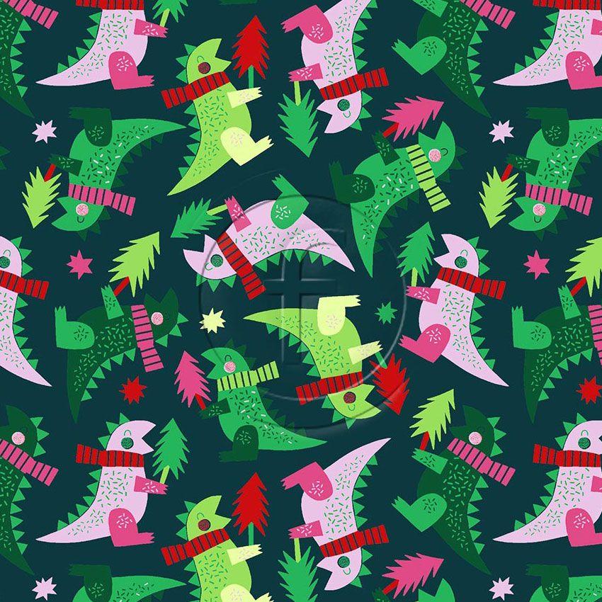 T Rex, Abstract, Christmas Printed Stretch Fabric: Green/Pink