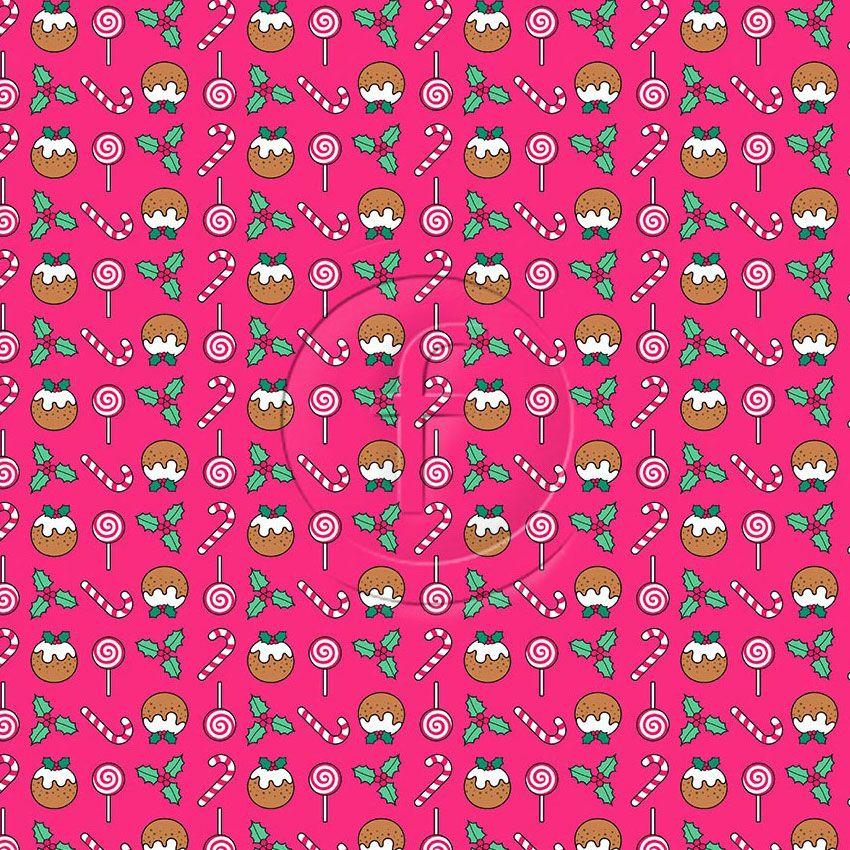 Pudding Pop, Abstract, Christmas Printed Stretch Fabric: Pink