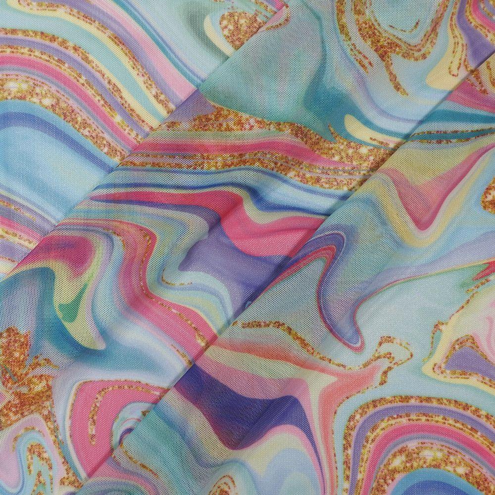 Glitter Marble on Net Printed Stretch Fabric: Multicolour/Pastel