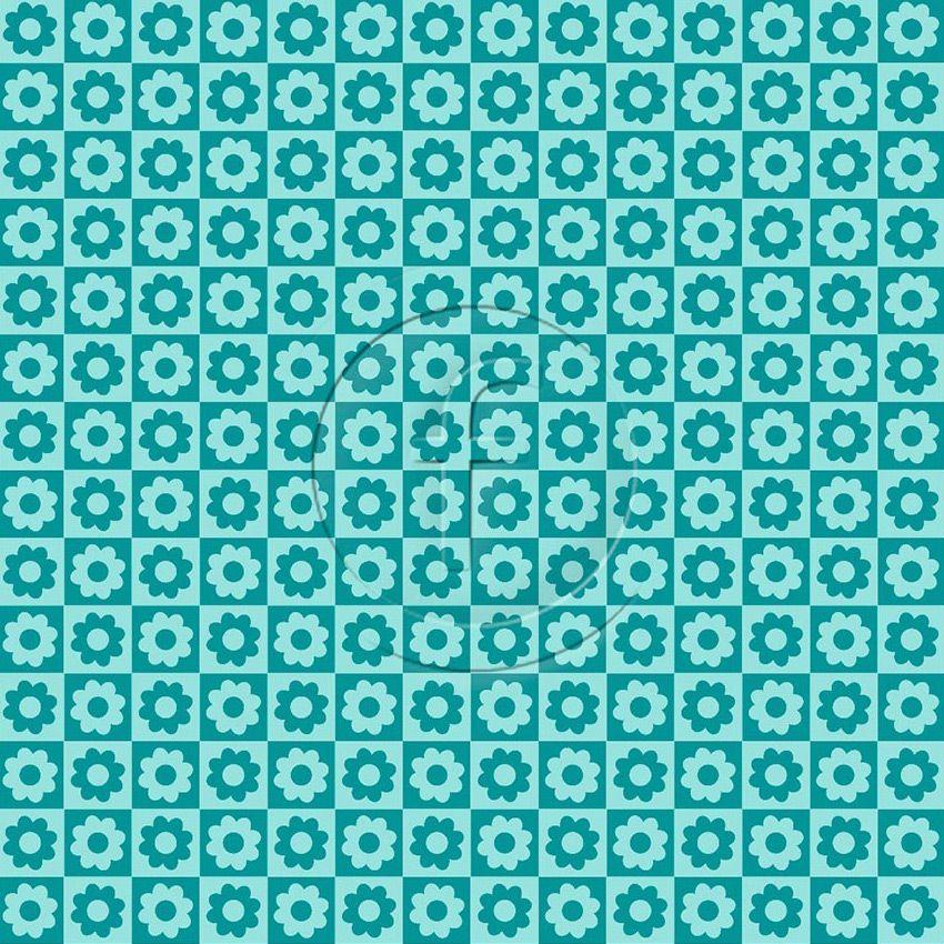 Checker Daisy, Checked, Floral Printed Stretch Fabric: Green