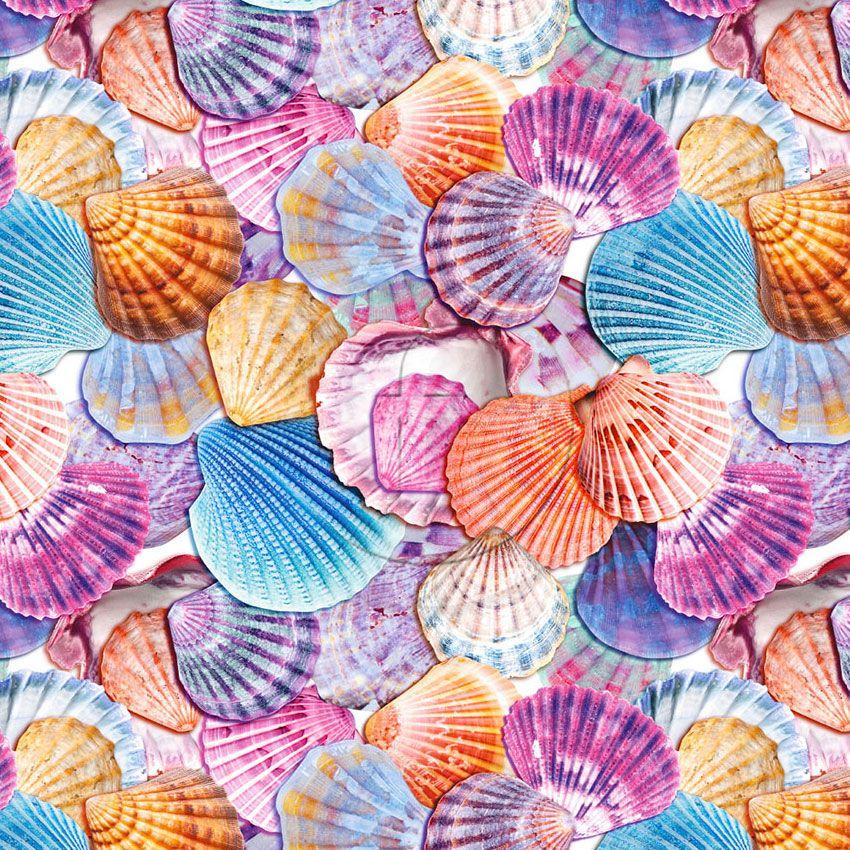 Shells, Tropical, Image Printed Stretch Fabric: Multicolour/Pastel