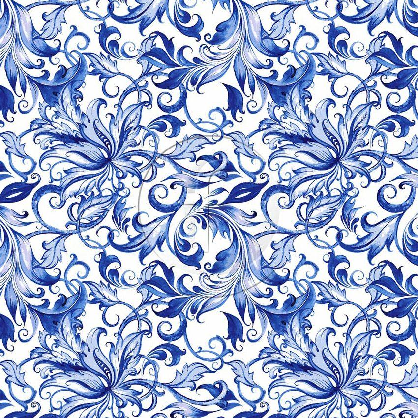 Naxos, Floral, Tie Dye Effect Printed Stretch Fabric: Blue