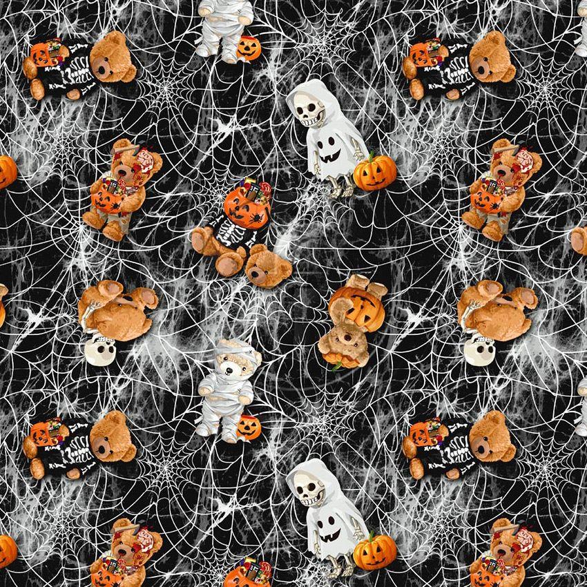 Scary Bear, Halloween Printed Stretch Fabric: Black