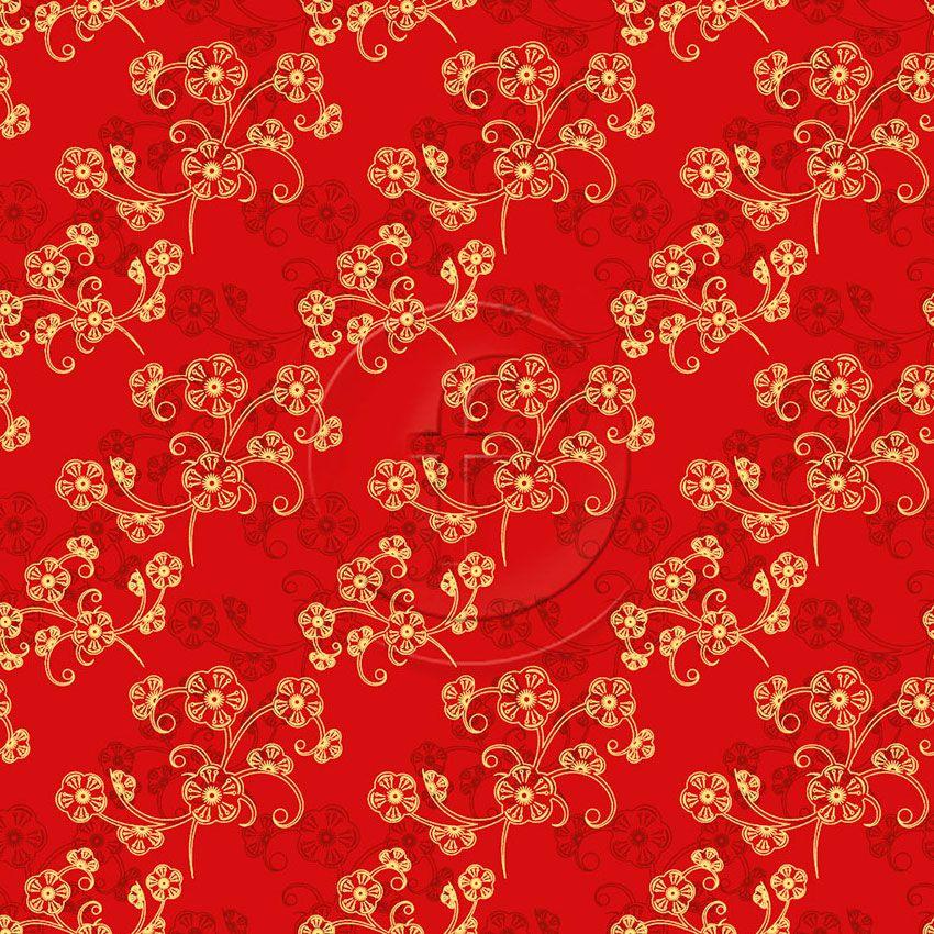 Oriental Cherry Blossom, Floral, Tribal Printed Stretch Fabric: Red
