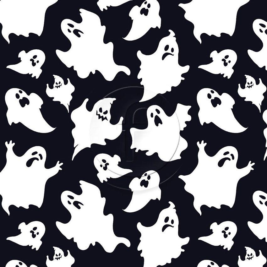 Ghosts, Cartoon, Halloween Printed Stretch Fabric: Black/White