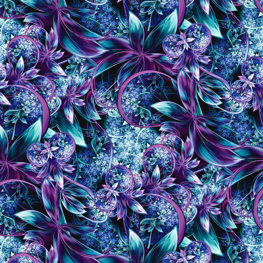 Wonderlust Uv Turquoise, Floral Printed Stretch Fabric: Blue/Purple