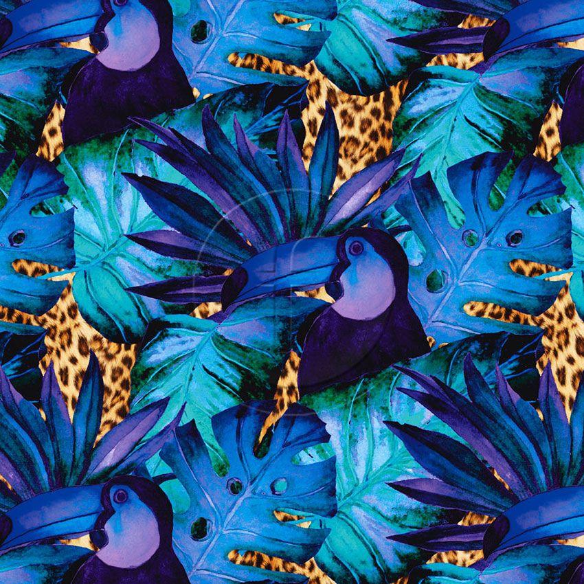Tiki, Tropical, Tie Dye Effect Printed Stretch Fabric: Blue/Purple