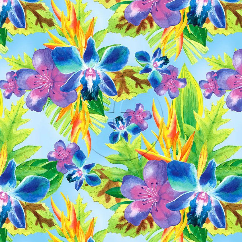Bloom Sky, Floral, Tie Dye Effect Printed Stretch Fabric: Blue