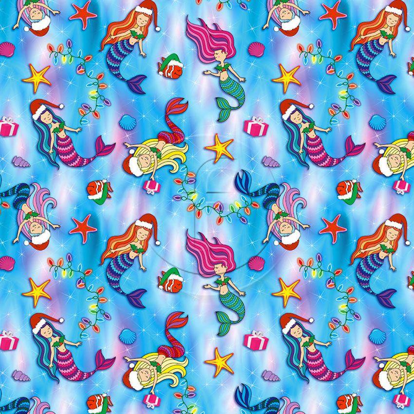 Merry Mermaid, Cartoon, Christmas Printed Stretch Fabric: Blue/Multicolour