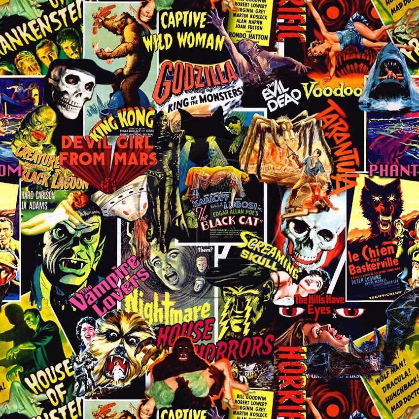 Fright Night, Halloween, Vintage Retro Printed Stretch Fabric: Multicolour