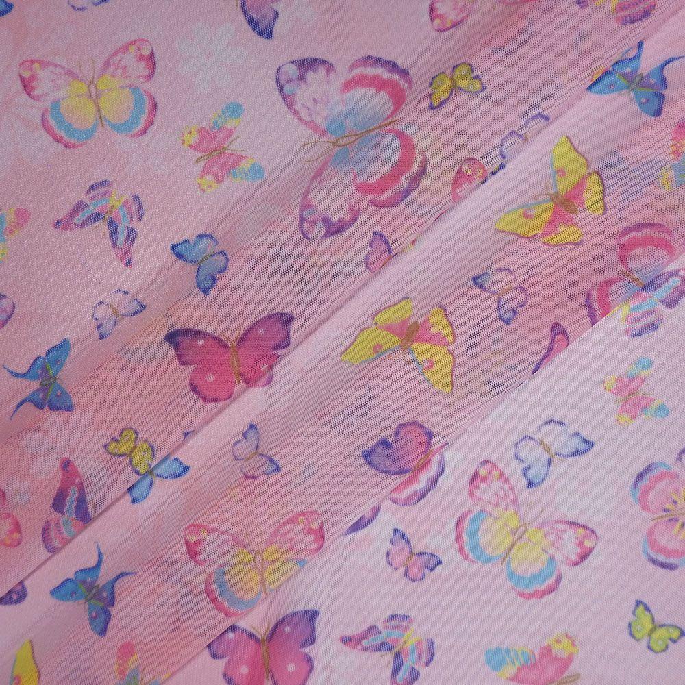 Pastel Butterfly Pink on Stretch Net Printed Stretch Fabric