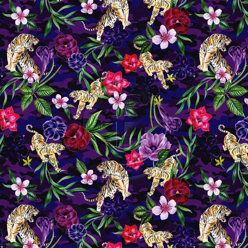 Tigress Uv, Japanese, Floral Printed Stretch Fabric: Purple
