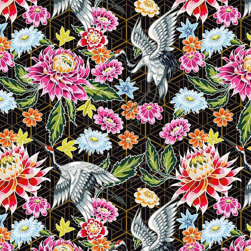 Botany, Japanese, Floral Printed Stretch Fabric: Black/Multicolour