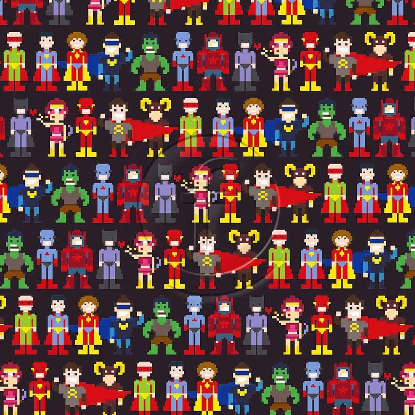 Pixel Heroes Multicoloured On Black - Scalable Patterned Stretch Fabric