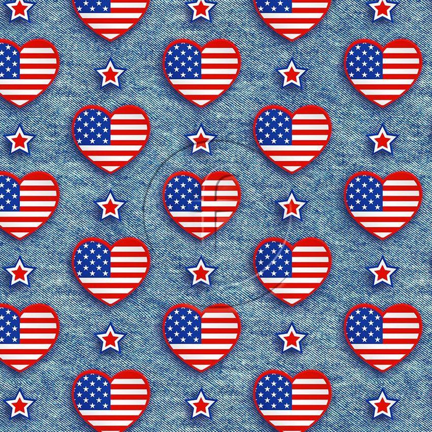 Us Denim Hearts, Flag Scalable Stretch Fabric: Blue