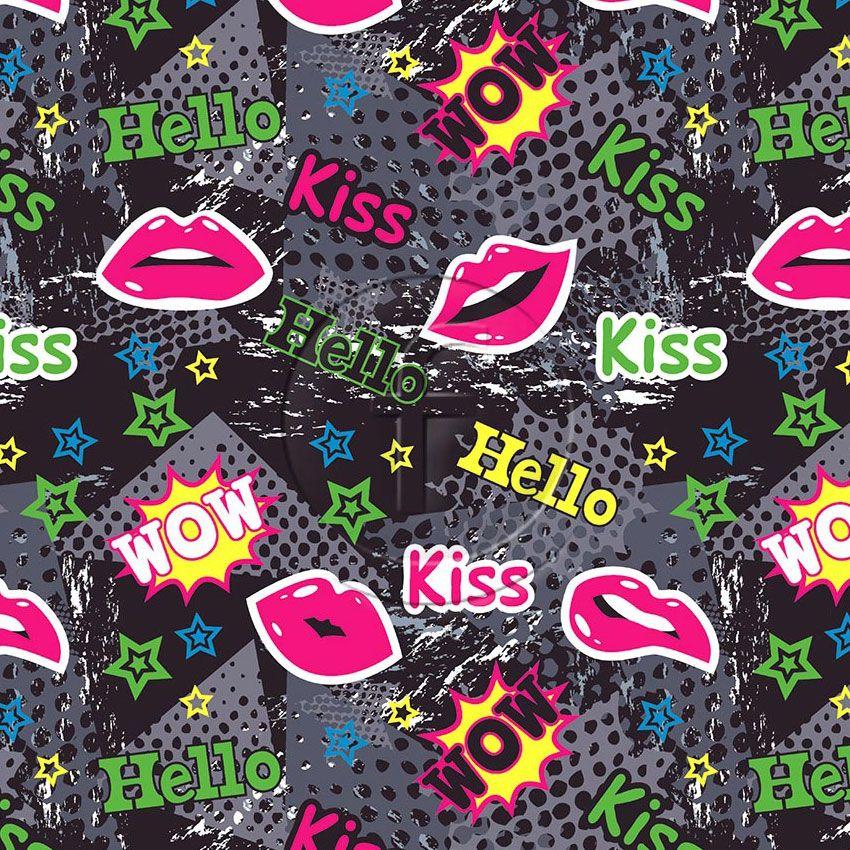 Hello Kissy Greyscale - Scalable Patterned Stretch Fabric