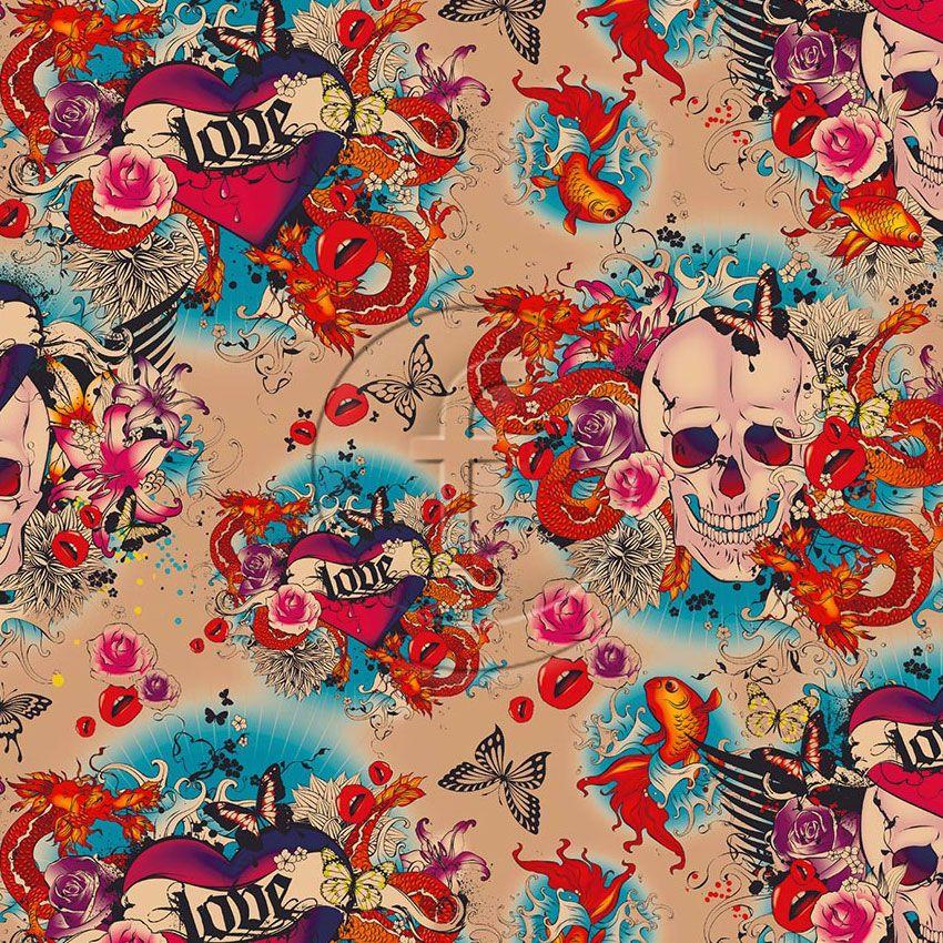 Skulls & Roses Multicoloured On Skin - Scalable Patterned Stretch Fabric