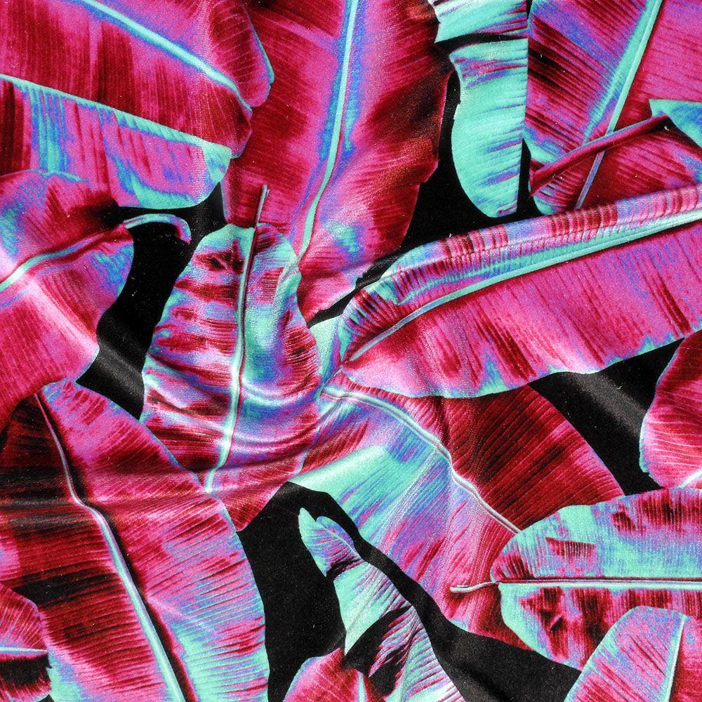 Banana Leaves Jade on Velvet Printed Stretch Fabric: Pink