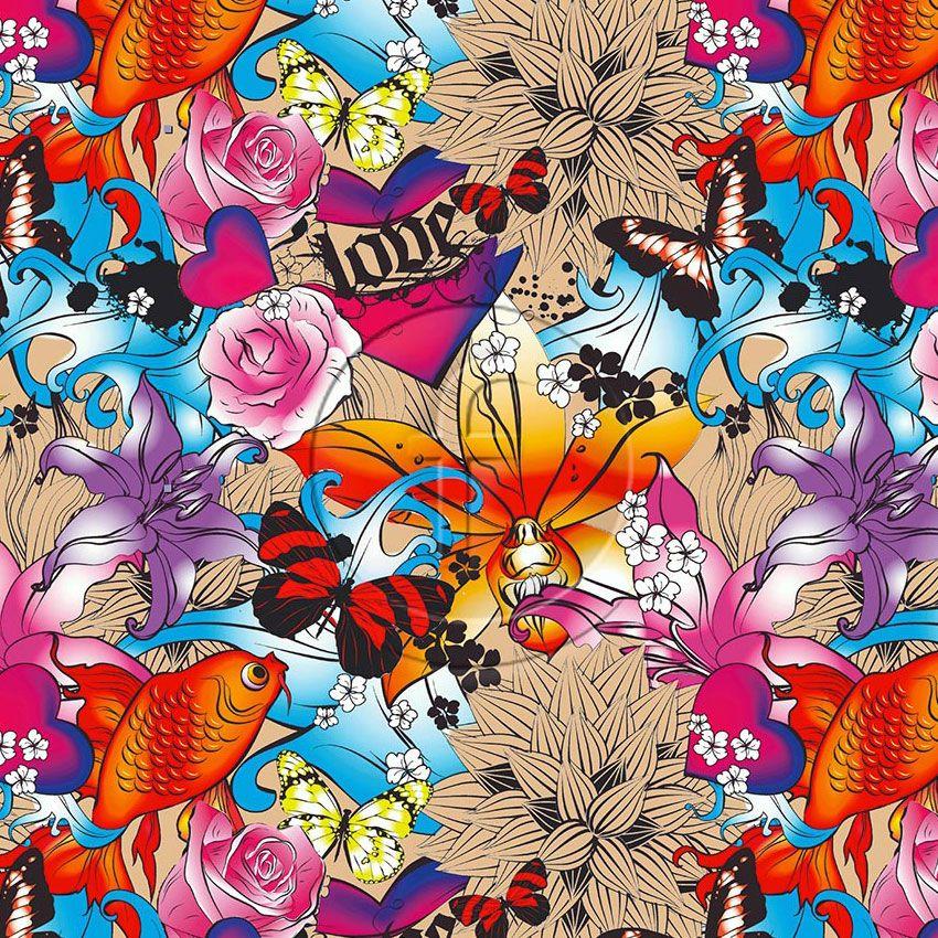 Butterfly Koi On Skin, Floral, Street Style Scalable Stretch Fabric: Multicolour