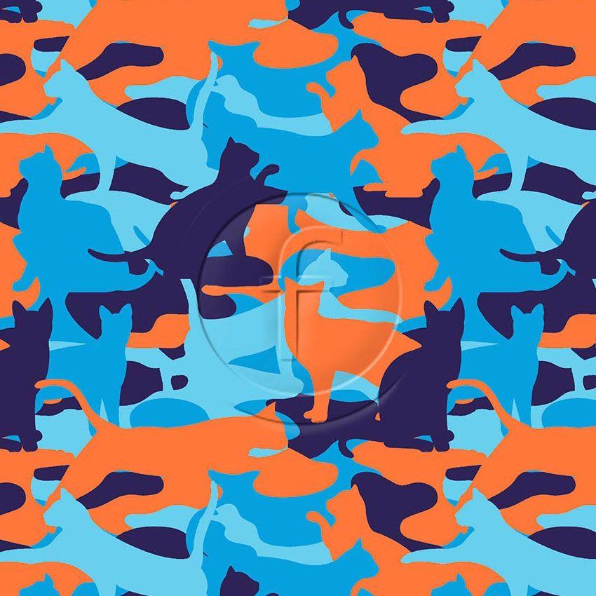 Camo Kitty Orange Blue, Street Style, Animal Scalable Stretch Fabric