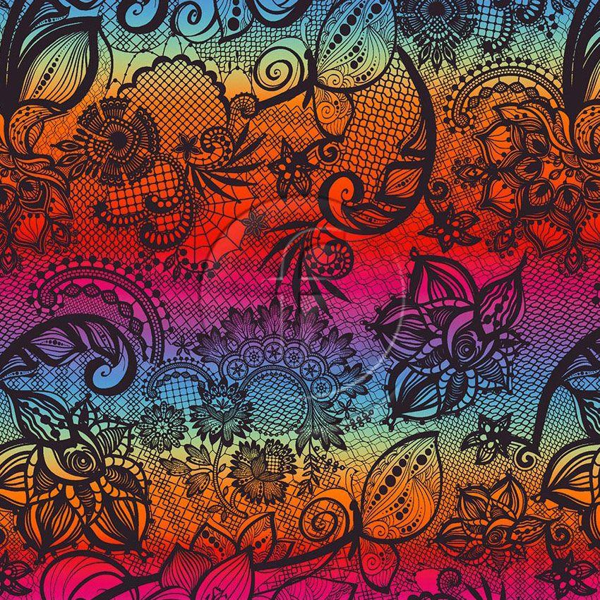 Ornamental Lace Black Rainbow, Floral, Textured Scalable Stretch Fabric