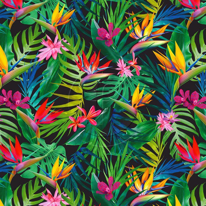 Parakeet Palm Black, Floral, Tropical Scalable Stretch Fabric