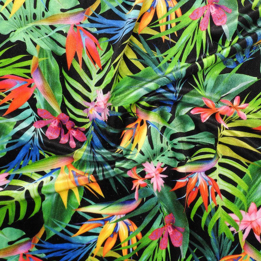 Parakeet Palm on Velvet Printed Stretch Fabric: Multicolour
