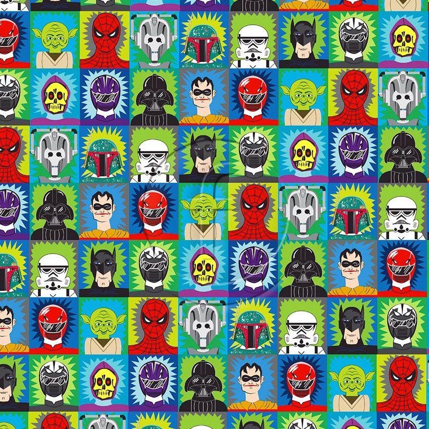Superheroes Blue Green - Scalable Patterned Stretch Fabric