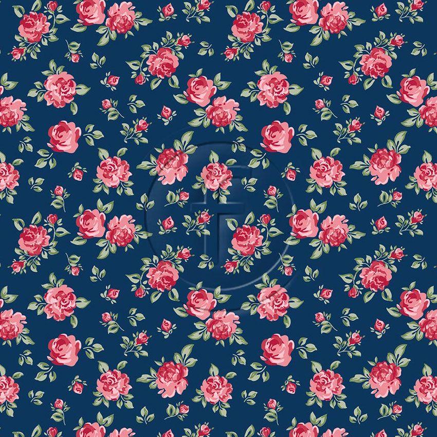 Cheshire Rose Navy, Floral Scalable Stretch Fabric: Blue