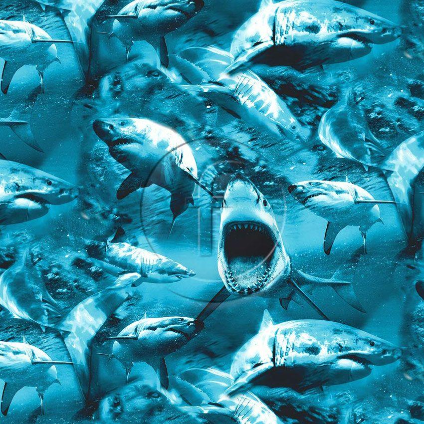 Jaws Aqua, Animal Scalable Stretch Fabric: Blue