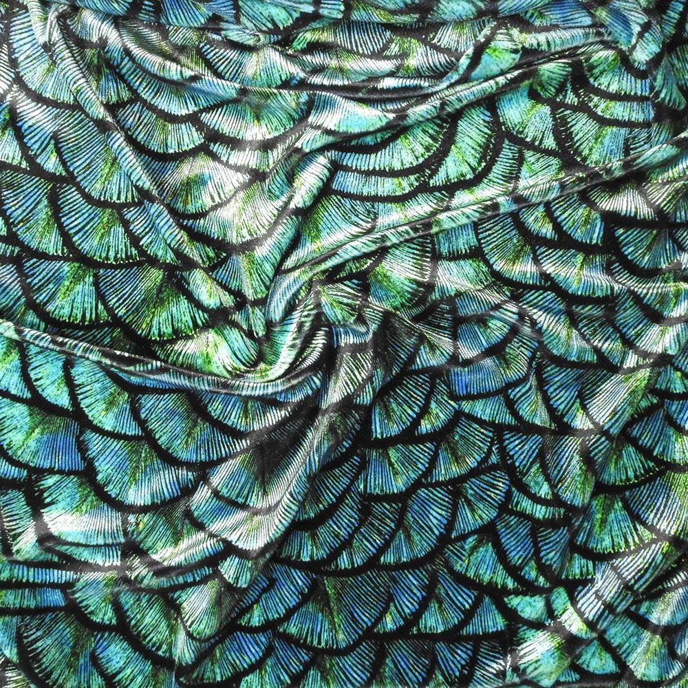 Dragon Scales Aqua on Velvet Printed Stretch Fabric: Blue