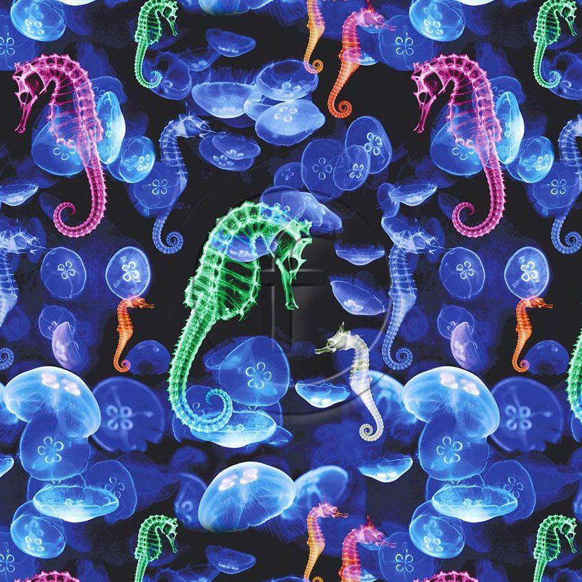 Jelly Seahorse, Animal Scalable Stretch Fabric: Black/Blue