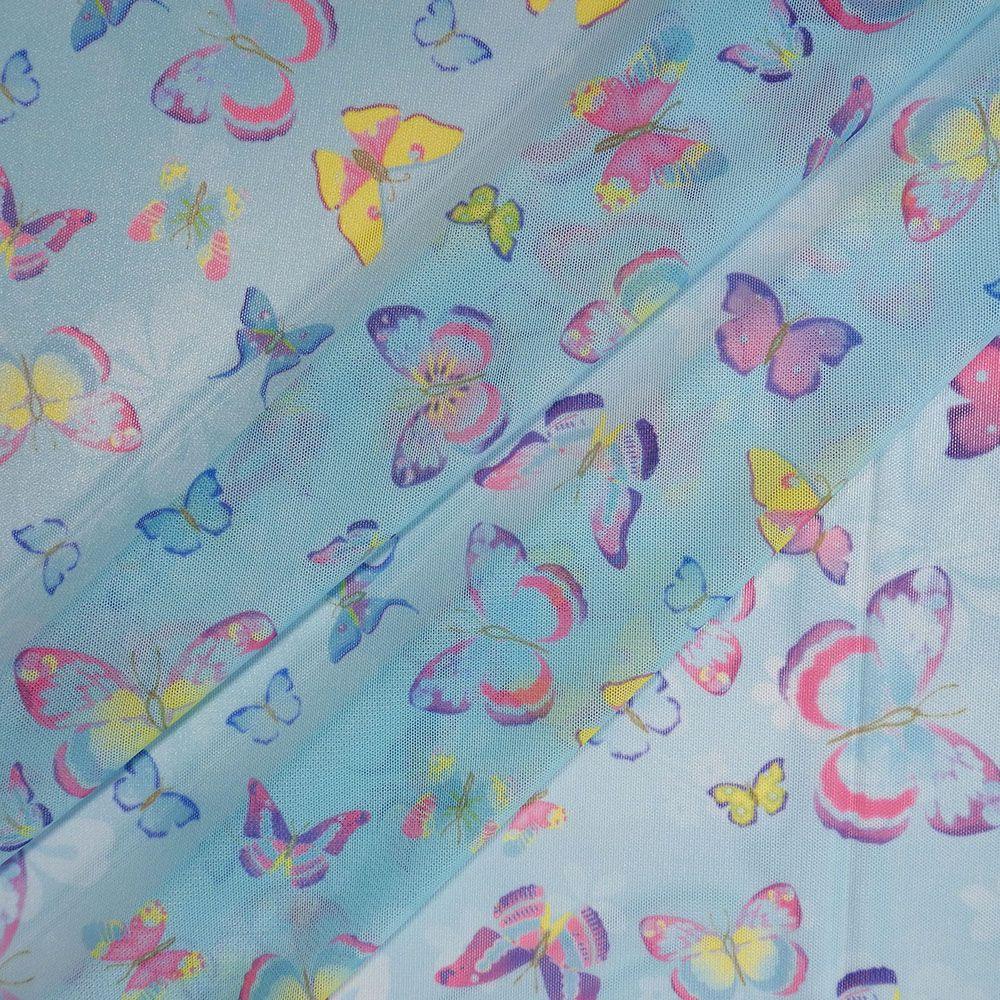 Pastel Butterfly Blue on Net Printed Stretch Fabric