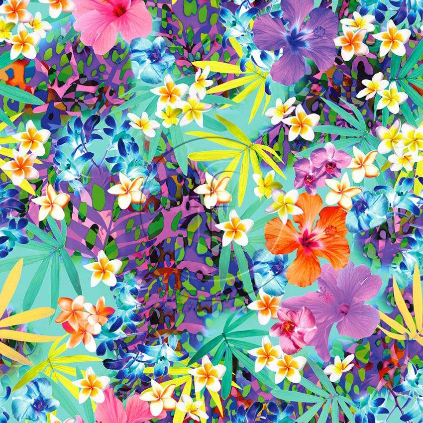 Jazzy Cat Aqua, Floral, Tropical Scalable Stretch Fabric: Blue
